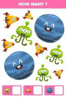 Education game for children searching and counting how many objects cute cartoon solar system planet alien rocket vector