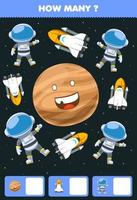 juego educativo para niños buscando y contando cuántos objetos dibujos animados lindo sistema solar planeta astronauta nave espacial