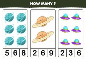 Education game for children counting how many cute cartoon solar system uranus saturn planet ufo vector