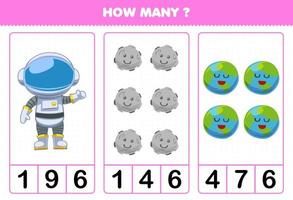 Education game for children counting how many cute cartoon solar system astronaut planet earth vector