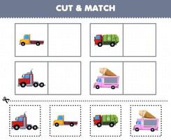 Education game for children cut and match the same picture of cute cartoon truck transportation pickup garbage convoy ice cream printable worksheet vector