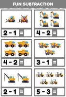 Education game for children fun subtraction by counting and eliminating cartoon heavy machine transportation pictures vector
