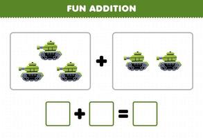 Education game for children fun addition by counting cartoon transportation tank pictures worksheet vector