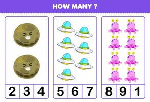 Education game for children counting how many cute cartoon solar system planet ufo alien vector