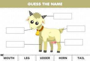 Education game for children guess the name of cute cartoon goat body part worksheet vector