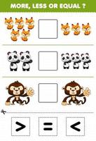 juego educativo para niños más menos o igual contar la cantidad de dibujos animados lindo animal de la selva zorro panda mono luego cortar y pegar cortar el signo correcto vector
