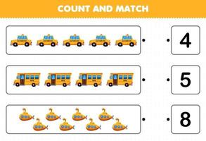 Education game for children count and match count the number of cartoon yellow transportation taxi bus submarine and match with the right numbers printable worksheet vector