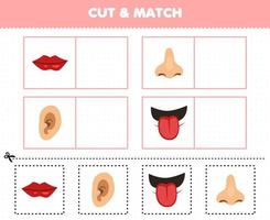 juego educativo para niños corta y combina la misma imagen de dibujos animados lindos anatomía humana y órgano labio nariz oreja lengua