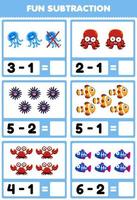 Education game for children fun subtraction by counting and eliminating cute cartoon underwater animal pictures vector