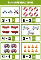 Education game for children fun subtraction by counting and eliminating cartoon rescue transportation pictures vector