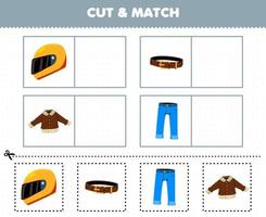 Education game for children cut and match the same picture of cartoon wearable clothes helm belt jacket jean vector