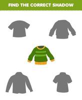 Education game for children find the correct shadow set of cartoon wearable clothes sweater vector