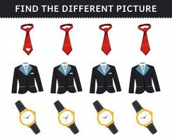 Education game for children find the different picture in each row cartoon wearable clothes tuxedo suit tie watch vector