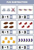 Education game for children fun subtraction by counting and eliminating cartoon wearable footwear ice skater slipper shoes heel boot socks printable worksheet vector