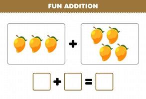 Education game for children fun addition by counting cartoon fruit mango pictures worksheet vector