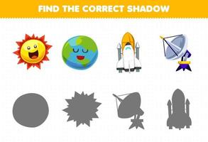 Education game for children find the correct shadow set of cute cartoon solar system sun earth planet spaceship radar vector