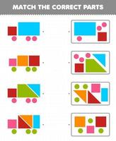 juego educativo para niños unir las partes correctas formas geométricas 9 círculo cuadrado triángulo trapezoide rectángulo hoja de trabajo imprimible vector