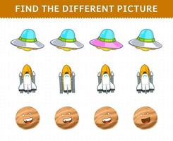 Education game for children find the different picture in each row cute cartoon solar system ufo spaceship planet vector