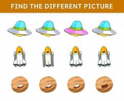 Education game for children find the different picture in each row cute cartoon solar system ufo spaceship planet vector