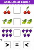 Education game for children more less or equal count the amount of cartoon fruits cherry olive grape then cut and glue cut the correct sign vector