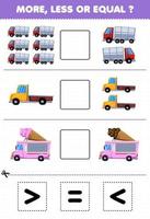 juego educativo para niños más menos o igual cuente la cantidad de transporte de camiones de dibujos animados, luego corte y pegue el letrero correcto vector