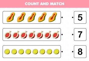 juego educativo para niños contar y combinar contar el número de frutas de dibujos animados papaya granada kiwi y combinar con los números correctos hoja de trabajo imprimible vector