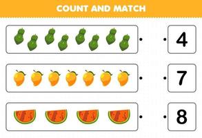 Education game for children count and match count the number of cartoon fruits papaya mango watermelon and match with the right numbers printable worksheet vector