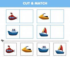 Education game for children cut and match the same picture of cute cartoon water transportation submarine jet ski ferry ship sailboat printable worksheet vector