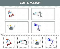 Education game for children cut and match the same picture of cute cartoon solar system rocket spaceship robot telescope vector