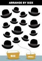 juego educativo para niños ordenar por tamaño grande o pequeño ponerlo en la caja dibujos animados ropa ponible sombrero negro fotos vector