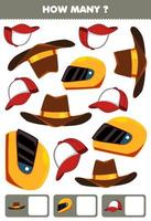 Education game for children searching and counting how many objects cartoon wearable clothes cap cowboy hat helm vector
