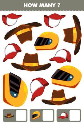 Education game for children searching and counting how many objects cartoon wearable clothes cap cowboy hat helm