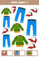 Education game for children searching and counting how many objects cartoon wearable clothes sweater jean cap vector