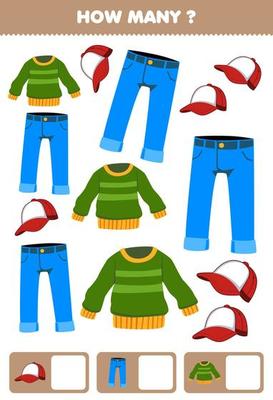 Education game for children searching and counting how many objects cartoon wearable clothes sweater jean cap