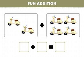 Education game for children fun addition by counting cartoon transportation scooter pictures worksheet vector