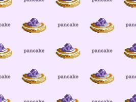 Pancake cartoon character seamless pattern on purple background. Pixel style vector