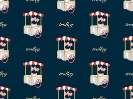 Trolley cartoon character seamless pattern on blue background. Pixel style vector