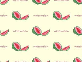 Watermelon cartoon character seamless pattern on yellow background. Pixel style vector