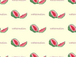 Watermelon cartoon character seamless pattern on yellow background. Pixel style vector