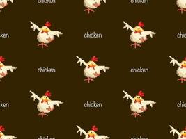 Chicken cartoon character seamless pattern on brown background. Pixel style vector