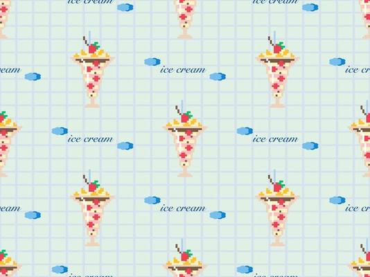 Ice cream cartoon character seamless pattern on blue background. Pixel style