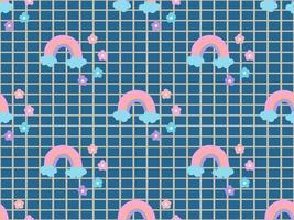 Rainbow cartoon character seamless pattern on blue background. Pixel style vector