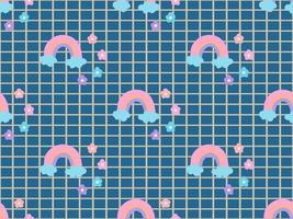 Rainbow cartoon character seamless pattern on blue background. Pixel style vector