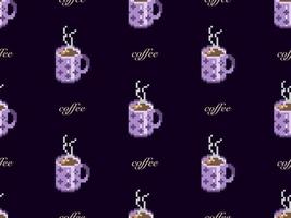 Coffee cartoon character seamless pattern on purple background. Pixel style vector