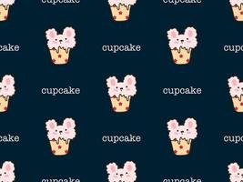 Cupcake cartoon character seamless pattern on blue background. Pixel style vector