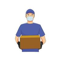 delivery man carry parcel with mask. express shipping vector illustration.