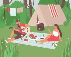 The couple is resting in the forest in nature near their tent and eating fruit vector
