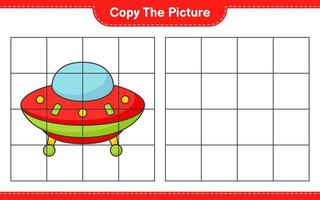 Copy the picture, copy the picture of Ufo using grid lines. Educational children game, printable worksheet, vector illustration