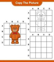 copie la imagen, copie la imagen del oso de peluche usando líneas de cuadrícula. juego educativo para niños, hoja de cálculo imprimible, ilustración vectorial vector