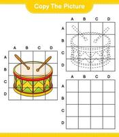 Copy the picture, copy the picture of Drum using grid lines. Educational children game, printable worksheet, vector illustration